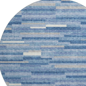 HomeRoots 8' Sky Blue, Ivory & Gray Striped Round Rug - Washable, UV-Resistant, Perfect for Cozy Spaces! 671099