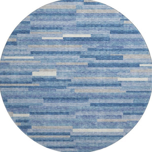 HomeRoots 8' Sky Blue, Ivory & Gray Striped Round Rug - Washable, UV-Resistant, Perfect for Cozy Spaces! 671099