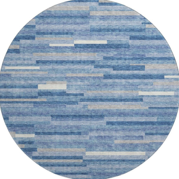 HomeRoots 8' Sky Blue, Ivory & Gray Striped Round Rug - Washable, UV-Resistant, Perfect for Cozy Spaces! 671099