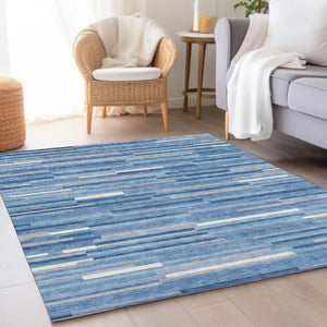 HomeRoots 10' Sky Blue, Ivory & Gray Striped Washable Area Rug - Durable, UV-Protected for High-Traffic Spaces 671102