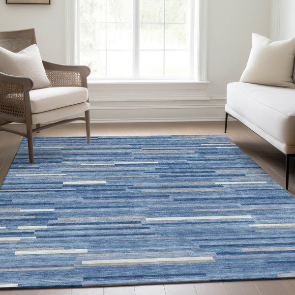 HomeRoots 10' Sky Blue, Ivory & Gray Striped Washable Area Rug - Durable, UV-Protected for High-Traffic Spaces 671102