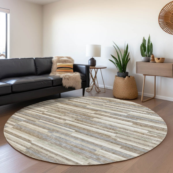 HomeRoots 8' Stylish Taupe Ivory Gray Striped Washable Round Rug - Durable, UV Protected, and Easy Care! 671105