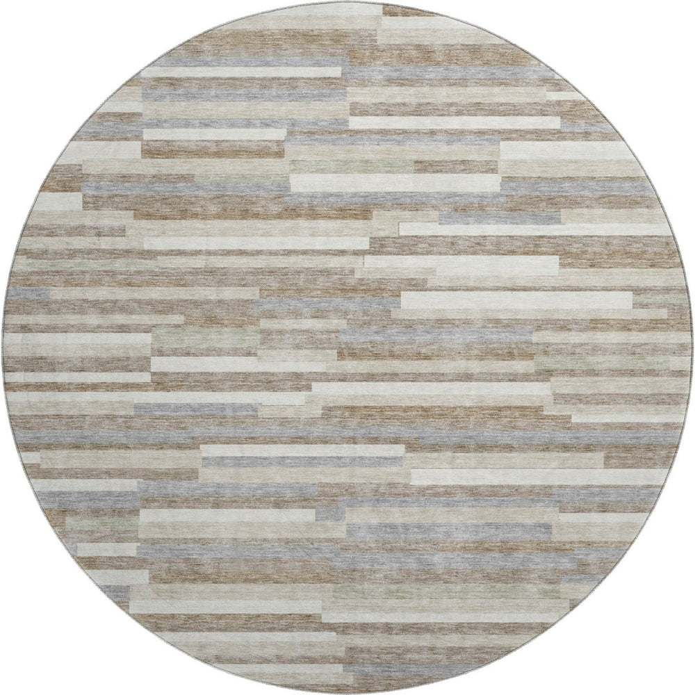 HomeRoots 8' Stylish Taupe Ivory Gray Striped Washable Round Rug - Durable, UV Protected, and Easy Care! 671105