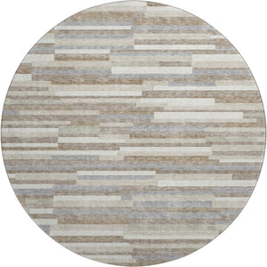 HomeRoots 8' Stylish Taupe Ivory Gray Striped Washable Round Rug - Durable, UV Protected, and Easy Care! 671105