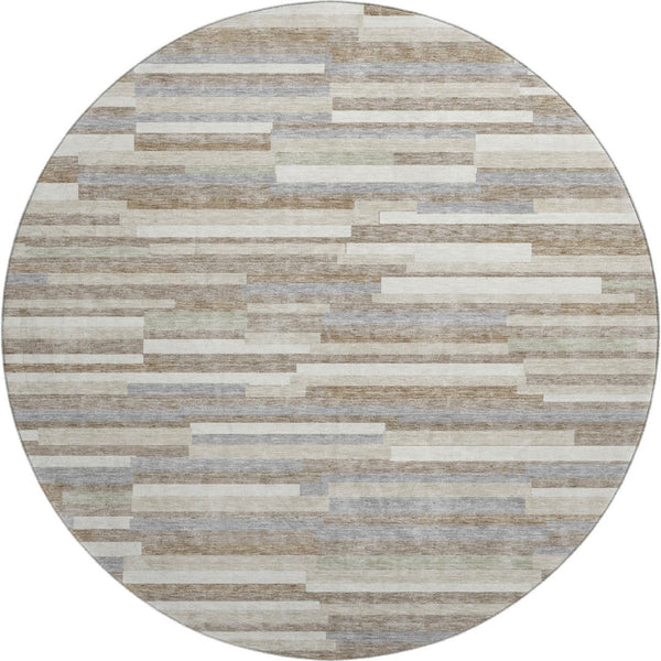 HomeRoots 8' Stylish Taupe Ivory Gray Striped Washable Round Rug - Durable, UV Protected, and Easy Care! 671105