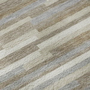 HomeRoots 8' Stylish Taupe Ivory Gray Striped Washable Round Rug - Durable, UV Protected, and Easy Care! 671105
