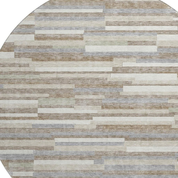 HomeRoots 8' Stylish Taupe Ivory Gray Striped Washable Round Rug - Durable, UV Protected, and Easy Care! 671105