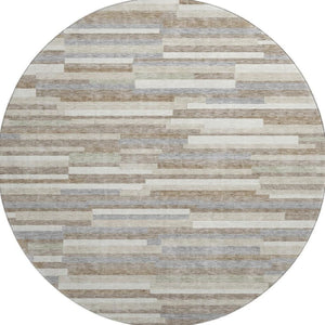 HomeRoots 8' Stylish Taupe Ivory Gray Striped Washable Round Rug - Durable, UV Protected, and Easy Care! 671105