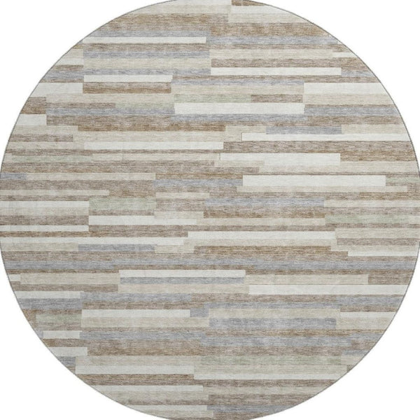 HomeRoots 8' Stylish Taupe Ivory Gray Striped Washable Round Rug - Durable, UV Protected, and Easy Care! 671105