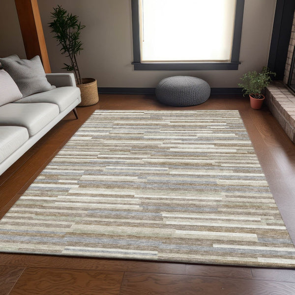 HomeRoots 8' X 10' Striped Area Rug in Taupe, Ivory & Gray - Washable, UV Protected, Stain Resistant Design 671106