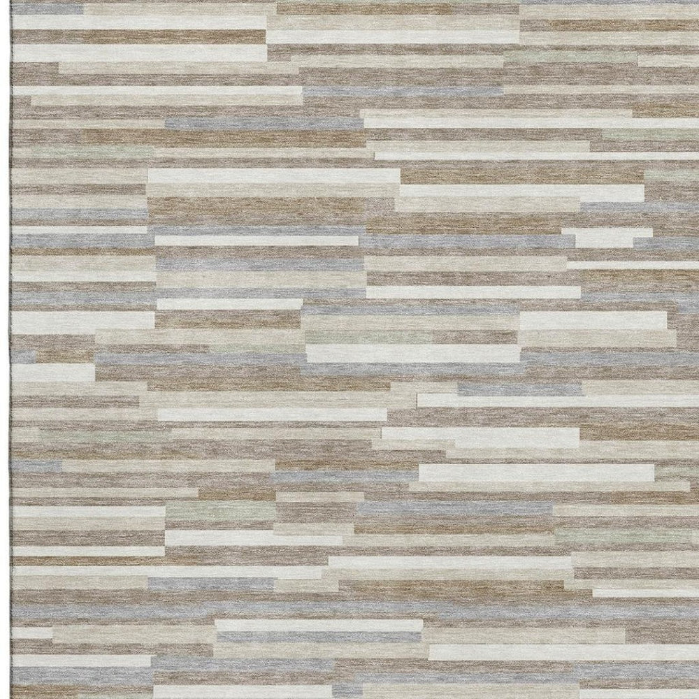 HomeRoots 8' X 10' Striped Area Rug in Taupe, Ivory & Gray - Washable, UV Protected, Stain Resistant Design 671106