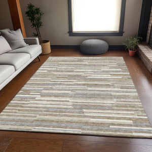 HomeRoots 10' Stylish Taupe, Ivory & Gray Striped Washable Area Rug with UV Protection for Homes with Pets 671108