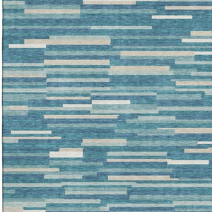HomeRoots 5' X 8' Striped Teal, Ivory & Gray Washable Area Rug with UV Protection for Stylish Living Spaces 671110
