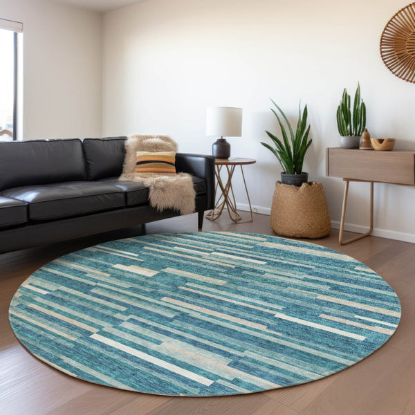 HomeRoots 8' Stylish Teal Ivory Gray Striped Washable Round Rug with UV Protection for Family-Friendly Spaces 671111