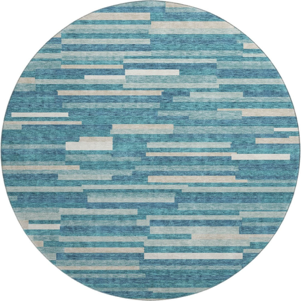 HomeRoots 8' Stylish Teal Ivory Gray Striped Washable Round Rug with UV Protection for Family-Friendly Spaces 671111