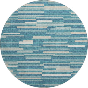 HomeRoots 8' Stylish Teal Ivory Gray Striped Washable Round Rug with UV Protection for Family-Friendly Spaces 671111