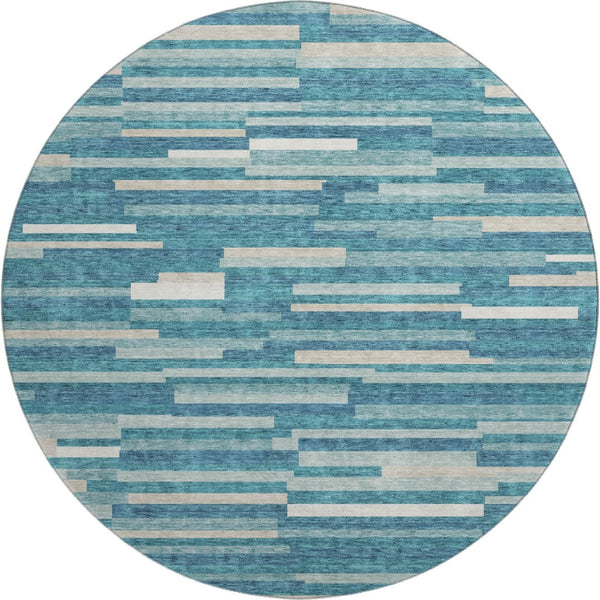 HomeRoots 8' Stylish Teal Ivory Gray Striped Washable Round Rug with UV Protection for Family-Friendly Spaces 671111