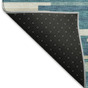 HomeRoots 8' Stylish Teal Ivory Gray Striped Washable Round Rug with UV Protection for Family-Friendly Spaces 671111
