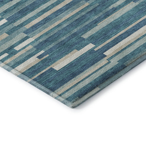 HomeRoots 8' Stylish Teal Ivory Gray Striped Washable Round Rug with UV Protection for Family-Friendly Spaces 671111