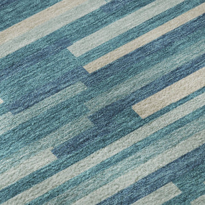 HomeRoots 8' Stylish Teal Ivory Gray Striped Washable Round Rug with UV Protection for Family-Friendly Spaces 671111