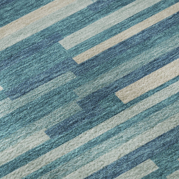 HomeRoots 8' Stylish Teal Ivory Gray Striped Washable Round Rug with UV Protection for Family-Friendly Spaces 671111