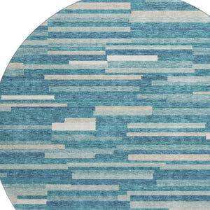 HomeRoots 8' Stylish Teal Ivory Gray Striped Washable Round Rug with UV Protection for Family-Friendly Spaces 671111