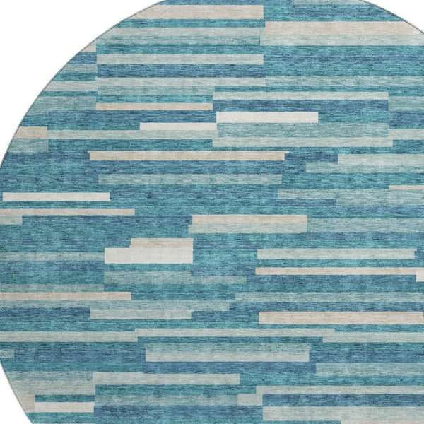 HomeRoots 8' Stylish Teal Ivory Gray Striped Washable Round Rug with UV Protection for Family-Friendly Spaces 671111