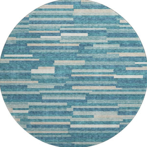 HomeRoots 8' Stylish Teal Ivory Gray Striped Washable Round Rug with UV Protection for Family-Friendly Spaces 671111
