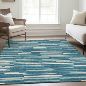 HomeRoots 8' X 10' Striped Teal, Ivory & Gray Washable Area Rug with UV Protection for High-Traffic Spaces 671112