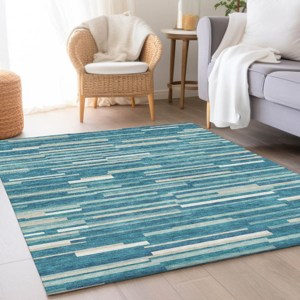 HomeRoots 9' X 12' Teal, Ivory & Gray Striped Area Rug - Washable, UV-Protected & Stain-Resistant Design 671113