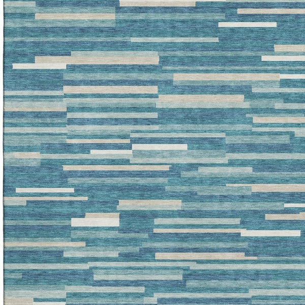 HomeRoots 10' Teal, Ivory & Gray Striped Washable Area Rug - UV Protected, Stain Resistant, Perfect for Living Spaces 671114