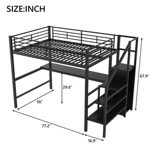 English Elm Full Size Metal Loft Bed With Desk, Storage Staircase, Wardrobe & Led Light - Space-Saving Design GX000620AAD