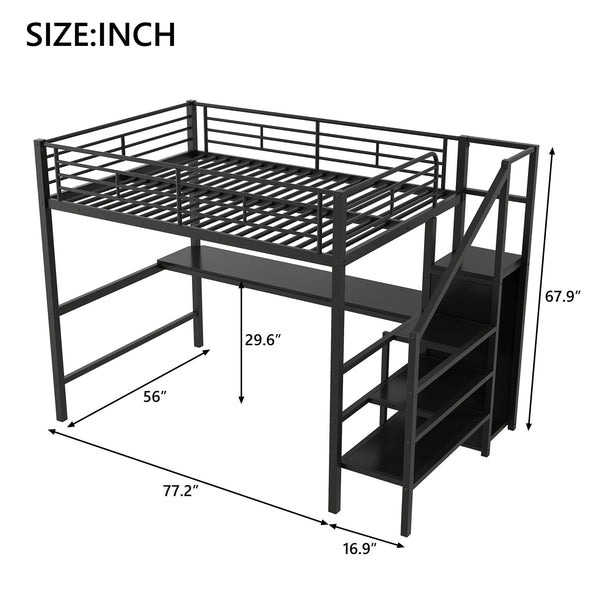 English Elm Full Size Metal Loft Bed With Desk, Storage Staircase, Wardrobe & Led Light - Space-Saving Design GX000620AAD