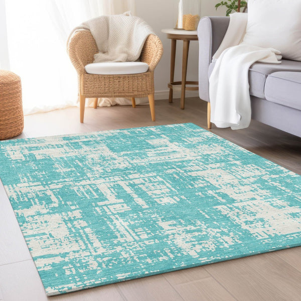 HomeRoots 5' X 8' Aqua And Ivory Abstract Area Rug - Washable, UV Protected, Durable Design for Modern Homes 671116