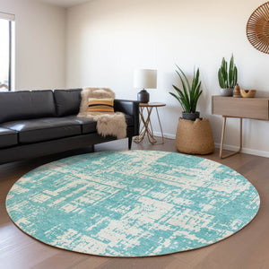 HomeRoots 8' Aqua and Ivory Abstract Round Rug - Washable, UV-Protected, Durable, Perfect for High-Traffic Areas 671117