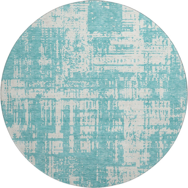 HomeRoots 8' Aqua and Ivory Abstract Round Rug - Washable, UV-Protected, Durable, Perfect for High-Traffic Areas 671117
