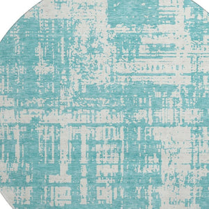 HomeRoots 8' Aqua and Ivory Abstract Round Rug - Washable, UV-Protected, Durable, Perfect for High-Traffic Areas 671117
