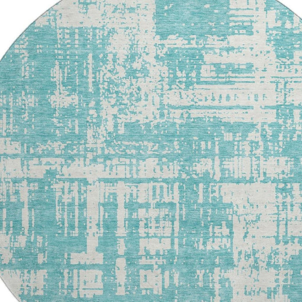 HomeRoots 8' Aqua and Ivory Abstract Round Rug - Washable, UV-Protected, Durable, Perfect for High-Traffic Areas 671117
