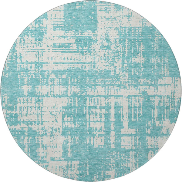 HomeRoots 8' Aqua and Ivory Abstract Round Rug - Washable, UV-Protected, Durable, Perfect for High-Traffic Areas 671117