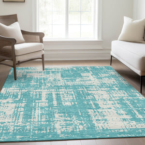HomeRoots 9' X 12' Aqua & Ivory Abstract Area Rug - Washable, UV Protected, Durable for High-Traffic Homes 671119