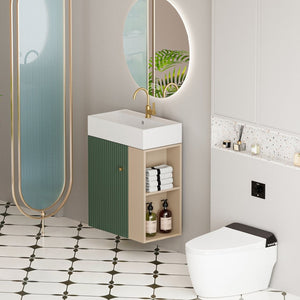 English Elm 21.6" Wall Mounted Sage Green Vanity Ceramic Sink Soft Close Cabinet Copper Hardware W1573S00089