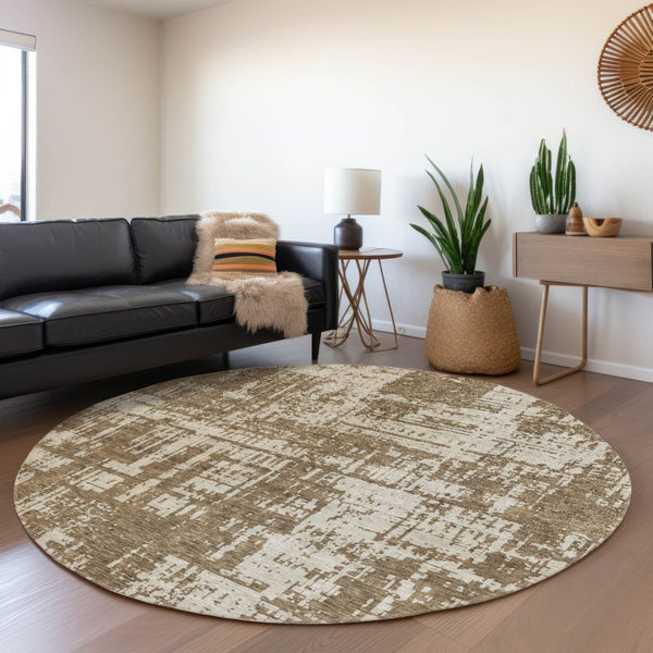HomeRoots 8' Washable Round Rug with Abstract Brown and Beige Design, UV Protection & Stain Resistance for Homes 671129