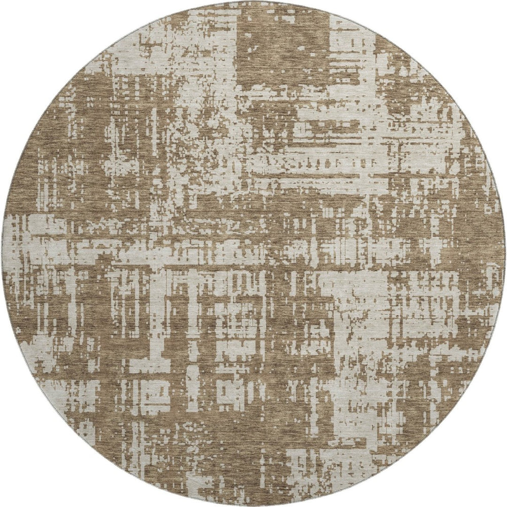 HomeRoots 8' Washable Round Rug with Abstract Brown and Beige Design, UV Protection & Stain Resistance for Homes 671129