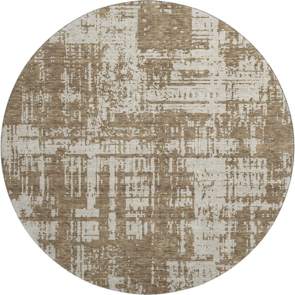 HomeRoots 8' Washable Round Rug with Abstract Brown and Beige Design, UV Protection & Stain Resistance for Homes 671129