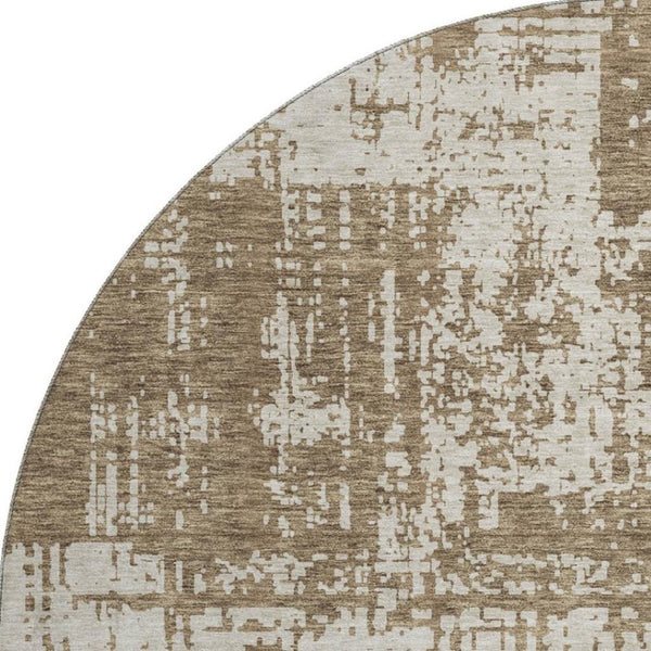 HomeRoots 8' Washable Round Rug with Abstract Brown and Beige Design, UV Protection & Stain Resistance for Homes 671129