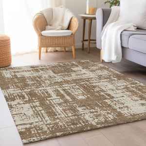 HomeRoots 8' X 10' Brown and Beige Abstract Washable Area Rug - Durable, Stylish, UV-Protected for Modern Homes 671130