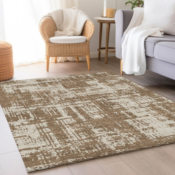 HomeRoots 8' X 10' Brown and Beige Abstract Washable Area Rug - Durable, Stylish, UV-Protected for Modern Homes 671130