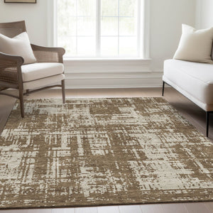 HomeRoots 8' X 10' Brown and Beige Abstract Washable Area Rug - Durable, Stylish, UV-Protected for Modern Homes 671130