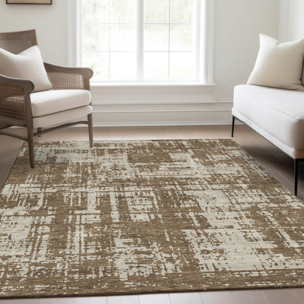 HomeRoots 8' X 10' Brown and Beige Abstract Washable Area Rug - Durable, Stylish, UV-Protected for Modern Homes 671130