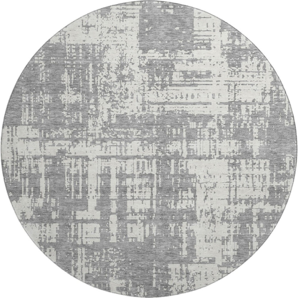 HomeRoots 8' Gray and Ivory Abstract Round Rug - Washable, UV-Protected, Stain-Resistant for Busy Homes 671141